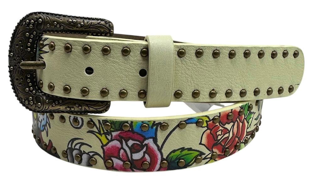 Ed Hardy Women's Rivet Studded Printed Cream Belt - Picture 1 of 5
